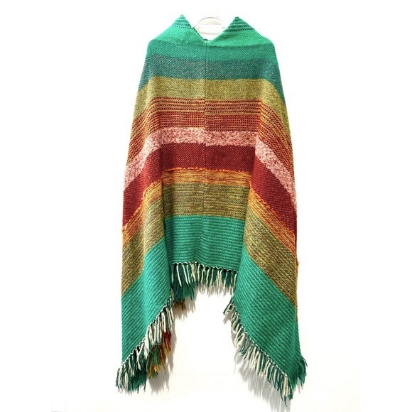 Vintage Jackets & Blazers - Vintage 1970s Poncho Woven Wool Blend Fringe Asymmetrical Multicolour OSFA